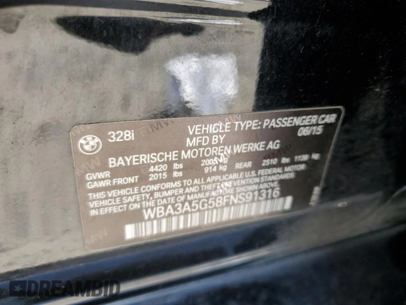2015 BMW 3 Series 328i with VIN WBA3A5G58FNS91316, listed as a Copart auction lot 58041235 with 65,144 mi miles and Salvage title. Bid and sale history available at DreamBid. Image 12.