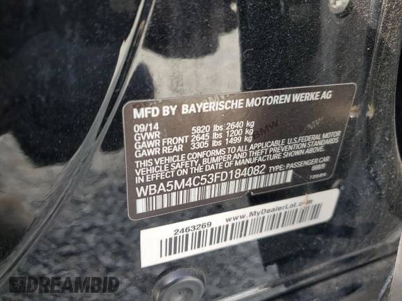 2015 BMW 5 Series GT 535i Gran Turismo xDrive with VIN WBA5M4C53FD184082, listed as a Copart auction lot 86748704 with 141,858 mi miles and Salvage Title. Bid and sale history available at carsss.com. Image 14.