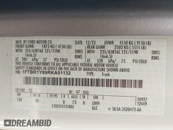 2024 Ford Transit Cargo with VIN 1FTBR1Y89RKA01132, listed as a IAAI auction lot 42668811 with 31,666 mi miles and . Bid and sale history available at DreamBid. Image 9.