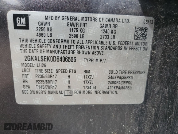 2013 GMC Terrain SLE with VIN 2GKALSEK0D6406556, listed as a Copart auction lot 60808895 with 169,175 mi miles and Salvage title. Bid and sale history available at DreamBid. Image 13.