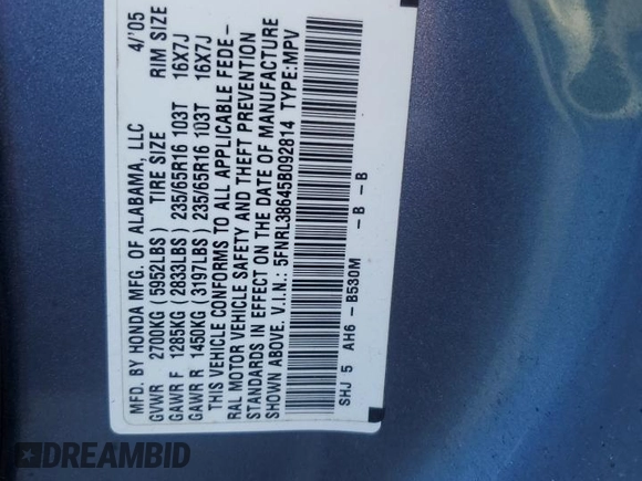 2005 Honda Odyssey EX-L with VIN 5FNRL38645B092814, listed as a Copart auction lot 50587065 with 262,912 mi miles and Salvage Title. Bid and sale history available at carsss.com. Image 13.