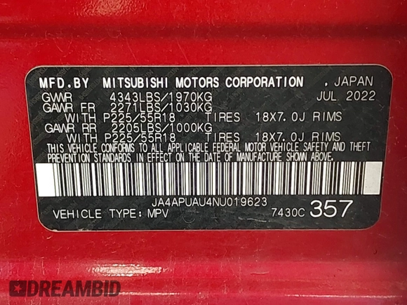 2022 Mitsubishi Outlander ES with VIN JA4APUAU4NU019623, listed as a IAAI auction lot 42746371 with 58,851 mi miles and . Bid and sale history available at DreamBid. Image 9.
