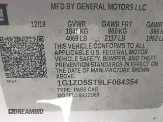 2020 Chevrolet Malibu LT with VIN 1G1ZD5ST9LF064354, listed as a IAAI auction lot 41847463 with 107,644 mi miles and . Bid and sale history available at DreamBid. Image 9.