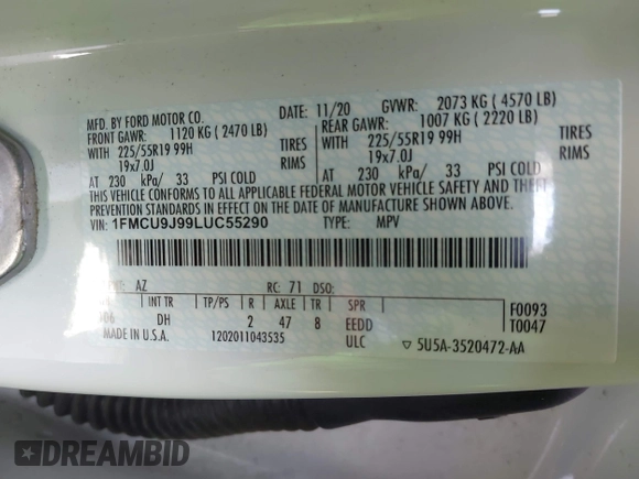2020 Ford Escape Titanium с VIN 1FMCU9J99LUC55290, выставлен на аукционе IAAI как лот 42283436 с пробегом 162 628 миль миль и . История ставок и продаж доступна на DreamBid. Изображение 9.