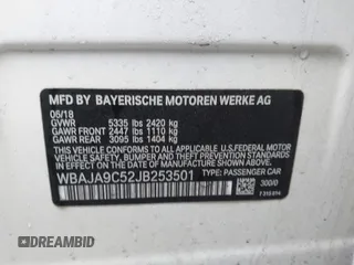 2018 BMW 5 Series 530e with VIN WBAJA9C52JB253501, listed as a IAAI auction lot 41010120 with 93,059 mi miles and . Bid and sale history available at DreamBid. Image 9.