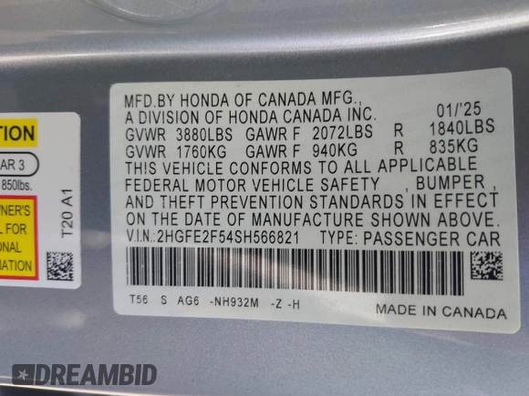 2025 Honda Civic Sedan Sport with VIN 2HGFE2F54SH566821, listed as a IAAI auction lot 41672577 with 430 mi miles. Bid and sale history available at carsss.com. Image 9.