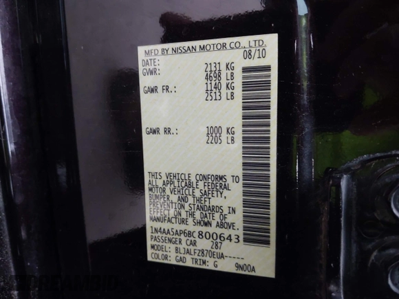 2011 Nissan Maxima SV с VIN 1N4AA5AP6BC800643, выставлен на аукционе IAAI как лот 41746089 с пробегом 163 582 миль миль и . История ставок и продаж доступна на DreamBid. Изображение 9.