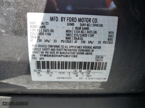 2023 Ford Explorer XLT with VIN 1FMSK8DH4PGB31382, listed as a Copart auction lot 47309625 with 12,657 mi miles and Salvage Title. Bid and sale history available at carsss.com. Image 16.