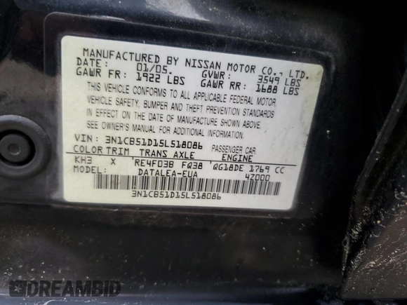 2005 Nissan Sentra 1.8 with VIN 3N1CB51D15L518086, listed as a Copart auction lot 51799585 with 191,220 mi miles and Salvage Title. Bid and sale history available at DreamBid. Image 12.
