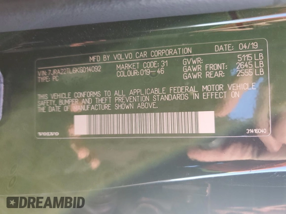 2019 Volvo S60 Inscription with VIN 7JRA22TL6KG014092, listed as a Copart auction lot 81351934 with 74,312 mi miles and Salvage Title. Bid and sale history available at carsss.com. Image 12.