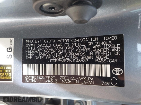 2021 Toyota Corolla LE with VIN JTDEPMAE2MJ148539, listed as a IAAI auction lot 42137624 with 67,983 mi miles and . Bid and sale history available at DreamBid. Image 9.