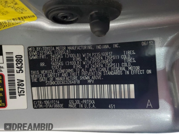 2012 Toyota Sienna LE AAS with VIN 5TDKK3DC6CS264818, listed as a Copart auction lot 52145145 with 143,510 mi miles and Salvage Title. Bid and sale history available at carsss.com. Image 13.
