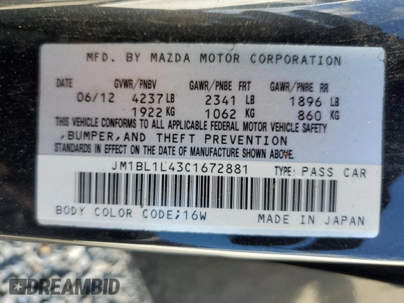2012 Mazda 3 Mazdaspeed3 Touring with VIN JM1BL1L43C1672881, listed as a Copart auction lot 45679505 with 127,856 mi miles and Salvage Title. Bid and sale history available at DreamBid. Image 12.