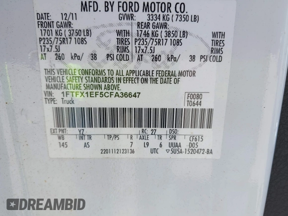 2012 Ford F-150 XL with VIN 1FTFX1EF5CFA36647, listed as a IAAI auction lot 42795921 with 272,570 mi miles and . Bid and sale history available at DreamBid. Image 9.