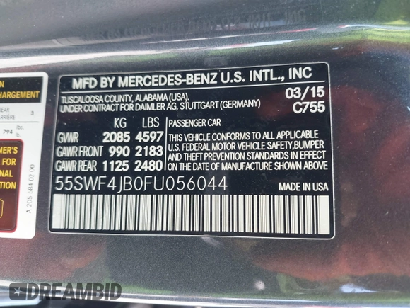 2015 Mercedes-Benz C 300 with VIN 55SWF4JB0FU056044, listed as a IAAI auction lot 42022839 with 146,295 mi miles and . Bid and sale history available at carsss.com. Image 9.