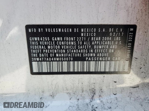 2017 Volkswagen GTI S с VIN 3VW4T7AU4HM050070, выставлен на аукционе Copart как лот 58327315 с пробегом 77 574 миль миль и Списание • Salvage title. История ставок и продаж доступна на DreamBid. Изображение 13.