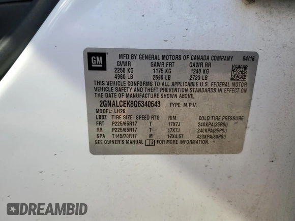 2016 Chevrolet Equinox LT with VIN 2GNALCEK8G6340643, listed as a Copart auction lot 47927185 with 207,853 mi miles and Salvage Title. Bid and sale history available at DreamBid. Image 13.