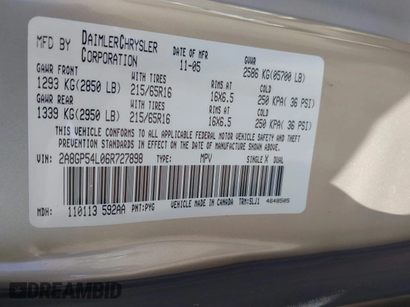 2006 Chrysler Town & Country Touring with VIN 2A8GP54L06R727898, listed as a IAAI auction lot 41893586 with 119,296 mi miles and . Bid and sale history available at DreamBid. Image 9.