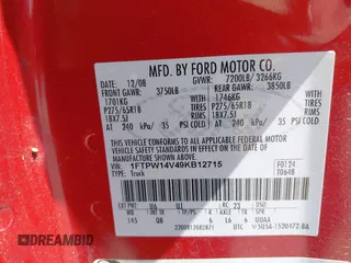 2009 Ford F-150 XL z VIN 1FTPW14V49KB12715, wystawiony jako IAAI lot #42032685 z przebiegiem 164 125 mil mil oraz . Historia ofert i sprzedaży dostępna na DreamBid. Obrazek 9.