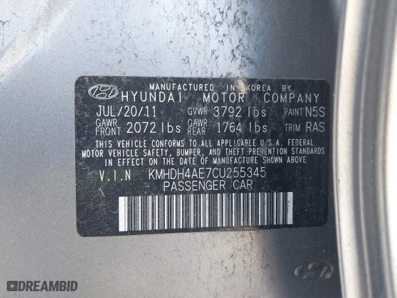 2012 Hyundai Elantra GLS with VIN KMHDH4AE7CU255345, listed as a IAAI auction lot 41520440 with 119,130 mi miles. Bid and sale history available at carsss.com. Image 9.