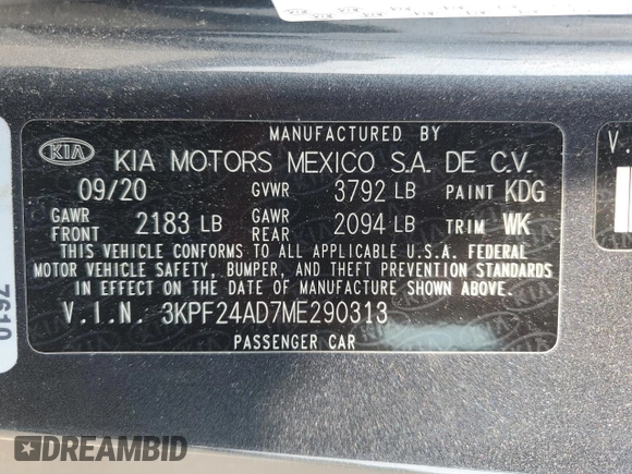 2021 Kia Forte LXS with VIN 3KPF24AD7ME290313, listed as a Copart auction lot 59758995 with 72,738 mi miles and Non repairable. Bid and sale history available at DreamBid. Image 13.