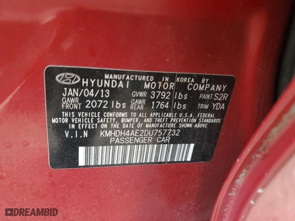 2013 Hyundai Elantra Limited with VIN KMHDH4AE2DU757732, listed as a Copart auction lot 51809055 with 123,548 mi miles and Salvage Title. Bid and sale history available at carsss.com. Image 12.