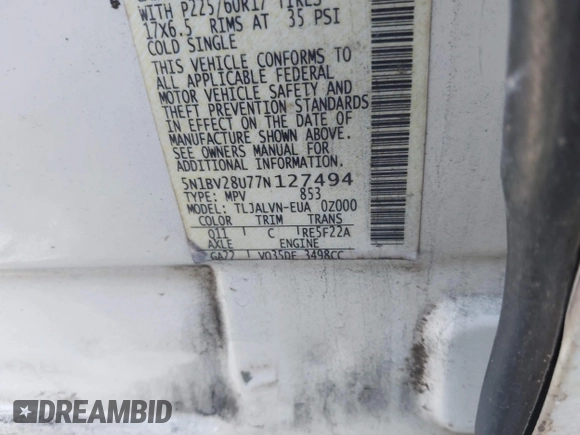 2007 Nissan Quest S with VIN 5N1BV28U77N127494, listed as a IAAI auction lot 41445049 with 210,641 mi miles. Bid and sale history available at carsss.com. Image 9.