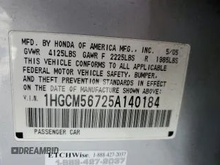 2005 Honda Accord EX z VIN 1HGCM56725A140184, wystawiony jako Copart lot #53382745 z przebiegiem 184 475 mil mil oraz Szkody całkowita. Historia ofert i sprzedaży dostępna na DreamBid. Obrazek 13.