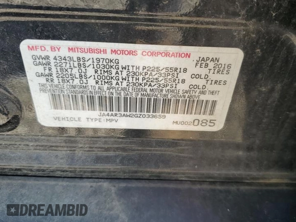 2016 Mitsubishi Outlander ES with VIN JA4AR3AW2GZ033659, listed as a Copart auction lot 65833005 with 104,166 mi miles and Clean title. Bid and sale history available at DreamBid. Image 13.