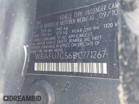 2011 BMW 5 Series 535i xDrive with VIN WBAFU7C56BC771267, listed as a IAAI auction lot 42006086 with 123,249 mi miles. Bid and sale history available at carsss.com. Image 9.