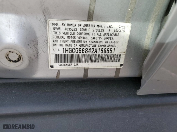 2002 Honda Accord Sdn SE with VIN 1HGCG66842A169851, listed as a Copart auction lot 49869384 with 180,951 mi miles and Salvage Title. Bid and sale history available at carsss.com. Image 12.