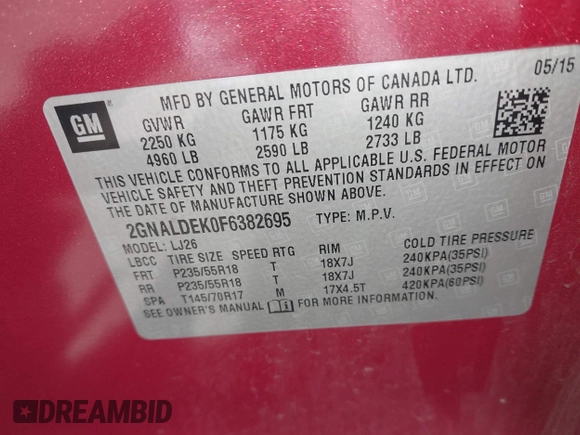 2015 Chevrolet Equinox LTZ with VIN 2GNALDEK0F6382695, listed as a IAAI auction lot 42131840 with 172,141 mi miles. Bid and sale history available at carsss.com. Image 9.