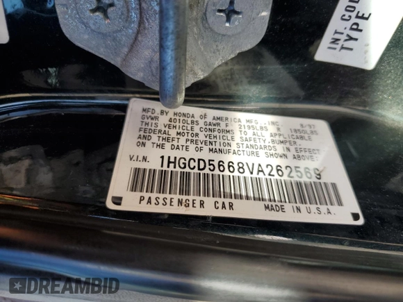 1997 Honda Accord EX with VIN 1HGCD5668VA262569, listed as a Copart auction lot 44713835 with 261,346 mi miles and Salvage Title. Bid and sale history available at DreamBid. Image 13.