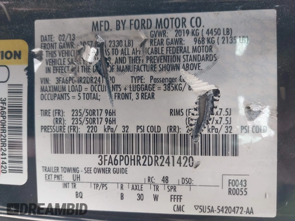 2013 Ford Fusion SE with VIN 3FA6P0HR2DR241420, listed as a IAAI auction lot 42341638 with 128,268 mi miles and . Bid and sale history available at DreamBid. Image 9.