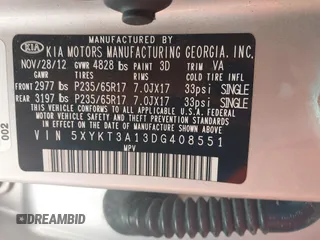 2013 Kia Sorento LX with VIN 5XYKT3A13DG408551, listed as a IAAI auction lot 42648422 with 126,985 mi miles and . Bid and sale history available at DreamBid. Image 9.