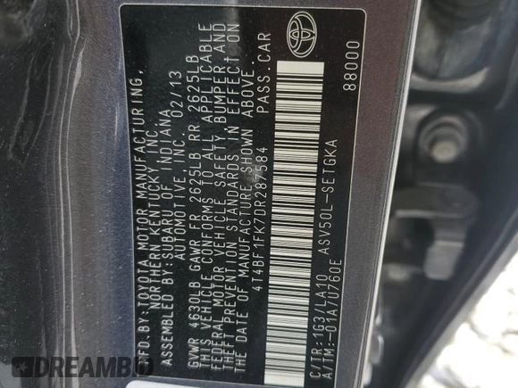 2013 Toyota Camry L with VIN 4T4BF1FK7DR287584, listed as a Copart auction lot 50055275 with 0 mi miles and Salvage Title. Bid and sale history available at carsss.com. Image 14.