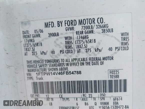 2006 Ford F-150 XLT with VIN 1FTPW14V46FB54788, listed as a IAAI auction lot 42171757 with 189,005 mi miles and . Bid and sale history available at carsss.com. Image 9.