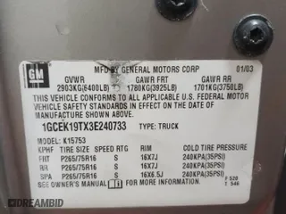 2003 Chevrolet Silverado 1500 LT with VIN 1GCEK19TX3E240733, listed as a Copart auction lot 42370915 with 0 mi miles and Clean Title. Bid and sale history available at carsss.com. Image 12.