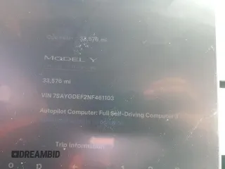 2022 Tesla Model Y Performance z VIN 7SAYGDEF2NF461103, wystawiony jako Copart lot #52198205 z przebiegiem 33 576 mil mil oraz Szkoda całkowita • Salvage title. Historia ofert i sprzedaży dostępna na DreamBid. Obrazek 9.