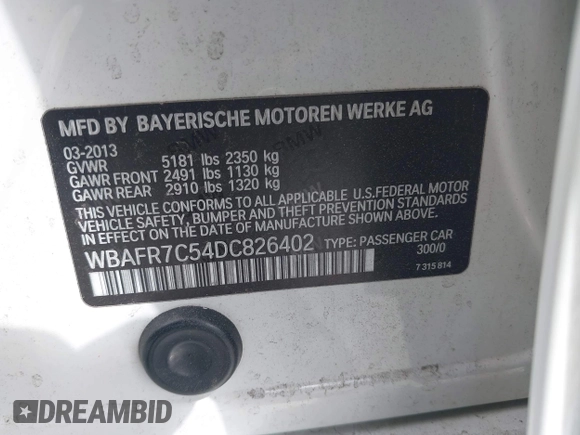 2013 BMW 5 Series 535i with VIN WBAFR7C54DC826402, listed as a IAAI auction lot 41913144 with Not Provided miles and . Bid and sale history available at DreamBid. Image 9.