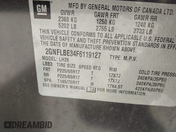 2015 Chevrolet Equinox LT with VIN 2GNFLBE34F6119127, listed as a IAAI auction lot 41843459 with Not Provided miles and . Bid and sale history available at carsss.com. Image 9.
