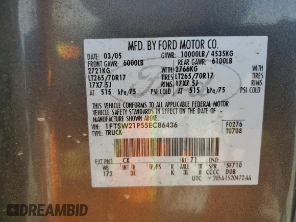 2005 Ford F-250 XL z VIN 1FTSW21P55EC86436, wystawiony jako Copart lot #48553635 z przebiegiem 172 583 mil mil oraz Szkoda całkowita • Salvage title. Historia ofert i sprzedaży dostępna na DreamBid. Obrazek 12.