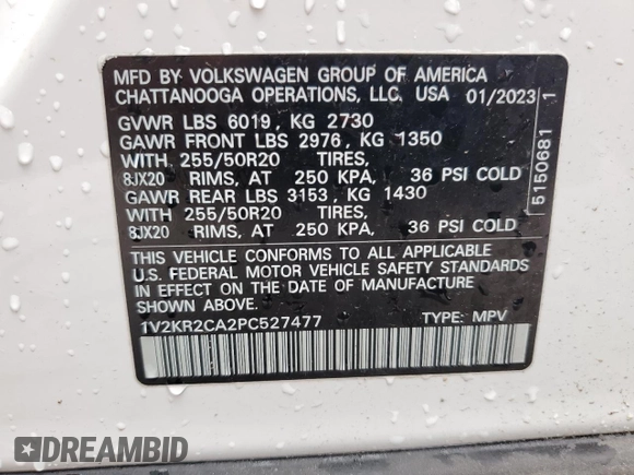 2023 Volkswagen Atlas SE z VIN 1V2KR2CA2PC527477, wystawiony jako Copart lot #52413805 z przebiegiem 36 706 mil mil oraz Nie do naprawy • Non repairable. Historia ofert i sprzedaży dostępna na DreamBid. Obrazek 12.