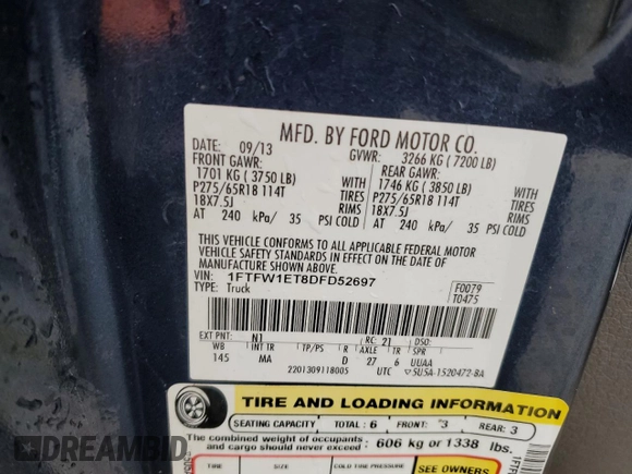 2013 Ford F-150 XL с VIN 1FTFW1ET8DFD52697, выставлен на аукционе Copart как лот 41997785 с пробегом 98 738 миль миль и Списание • Salvage title. История ставок и продаж доступна на DreamBid. Изображение 13.