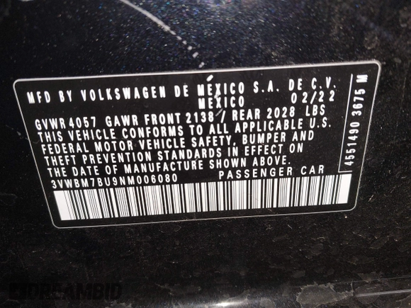 2022 Volkswagen Jetta Sport with VIN 3VWBM7BU9NM006080, listed as a IAAI auction lot 42433645 with Not provided miles and . Bid and sale history available at DreamBid. Image 9.
