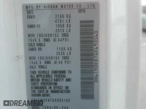 2016 Nissan NV200 S with VIN 3N6CM0KN7GK693160, listed as a Copart auction lot 50828395 with 124,742 mi miles and Salvage Title. Bid and sale history available at carsss.com. Image 12.