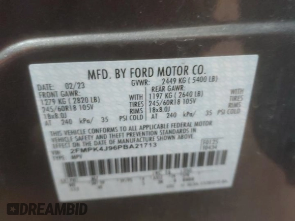 2023 Ford Edge SEL with VIN 2FMPK4J96PBA21713, listed as a Copart auction lot 54752655 with 0 mi miles and Salvage Title. Bid and sale history available at carsss.com. Image 14.