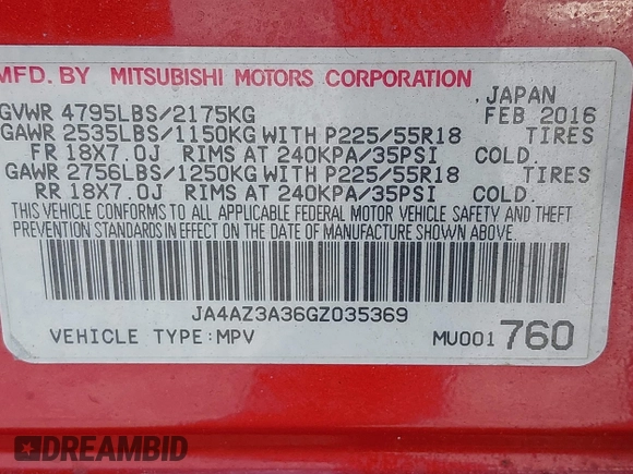 2016 Mitsubishi Outlander SE with VIN JA4AZ3A36GZ035369, listed as a IAAI auction lot 41339728 with 125,762 mi miles and . Bid and sale history available at DreamBid. Image 9.