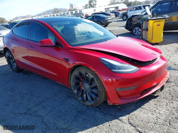 2021 Tesla Model 3 Performance with VIN 5YJ3E1EC7MF997237, listed as a IAAI auction lot 41387544 with 64,450 mi miles. Bid and sale history available at carsss.com. Image 1.