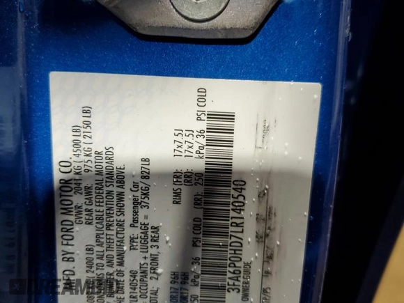 2020 Ford Fusion SE with VIN 3FA6P0HD7LR140540, listed as a Copart auction lot 44694805 with 70,596 mi miles and Salvage Title. Bid and sale history available at DreamBid. Image 14.